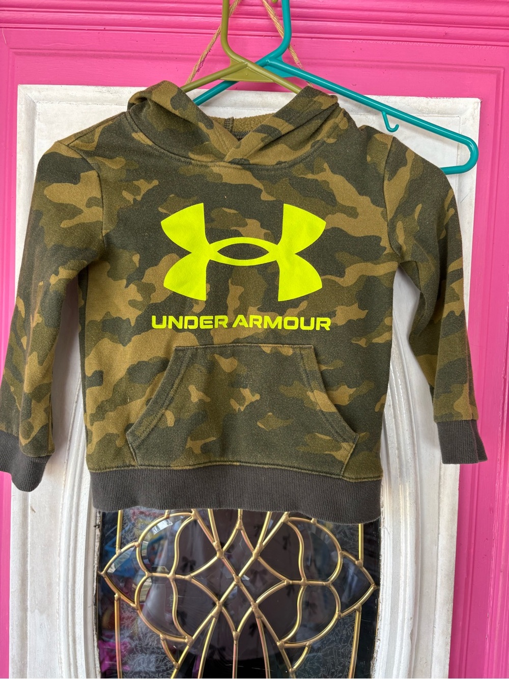 Under Armour Boys' Green Camo Hoodie with Neon Yellow Logo